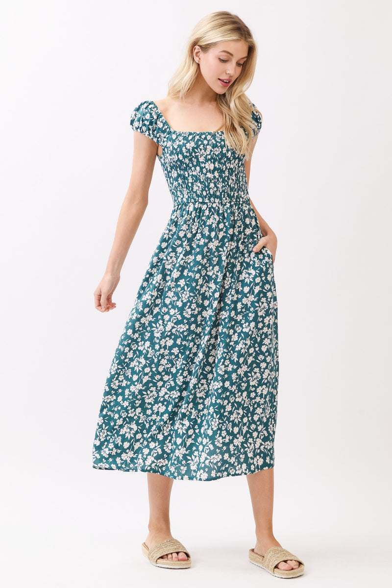 SMOCKED BODICE MIDI DRESS - TEAL