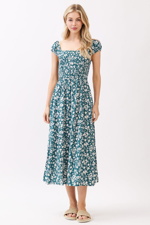 SMOCKED BODICE MIDI DRESS - TEAL