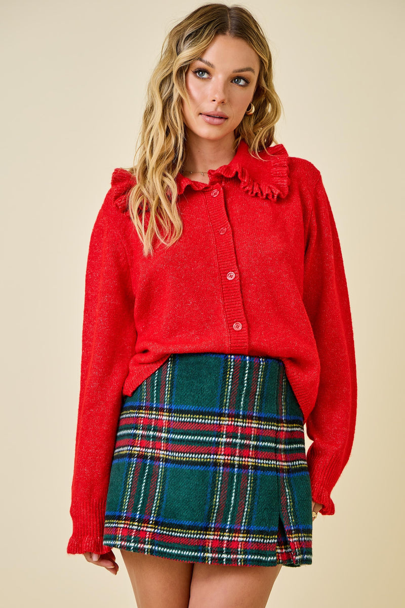 RUFFLE COLLAR CARDIGAN - RED