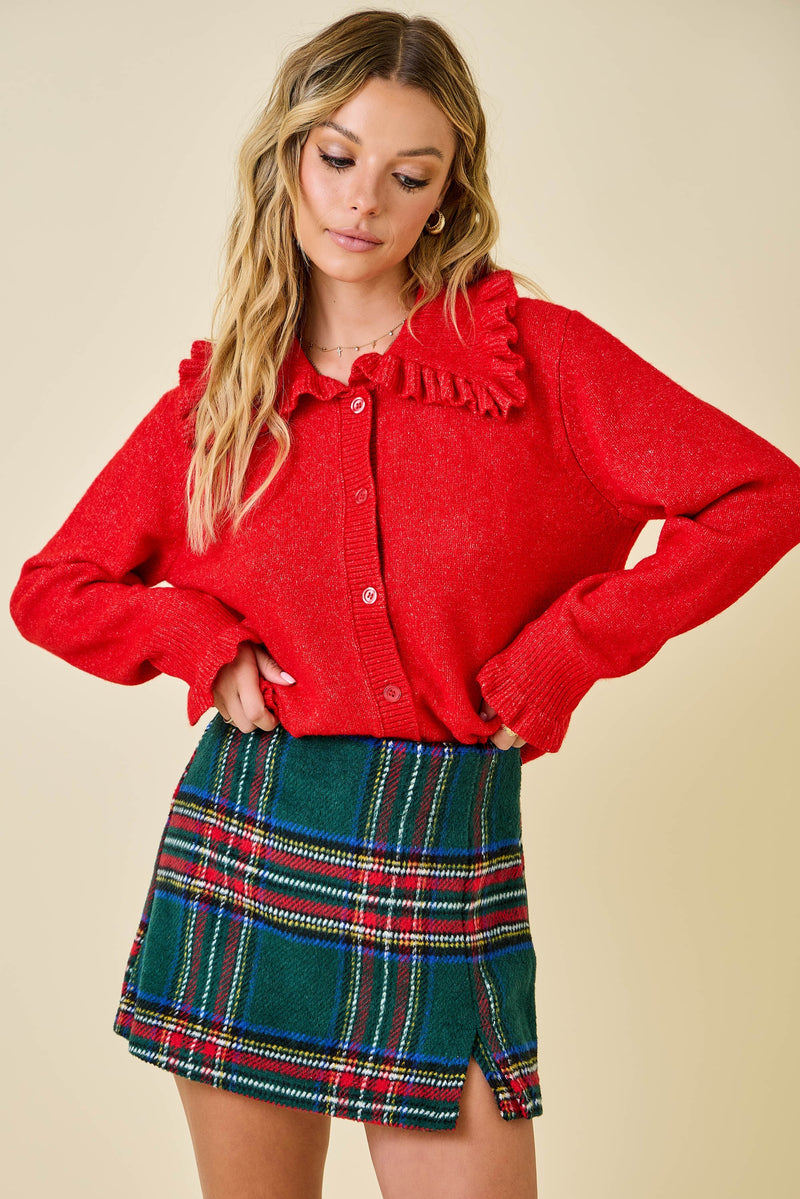 RUFFLE COLLAR CARDIGAN - RED