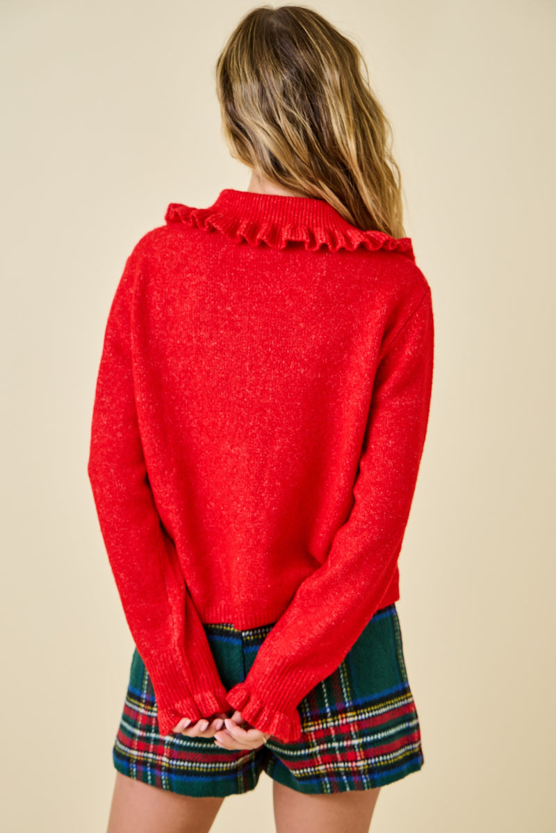 RUFFLE COLLAR CARDIGAN - RED