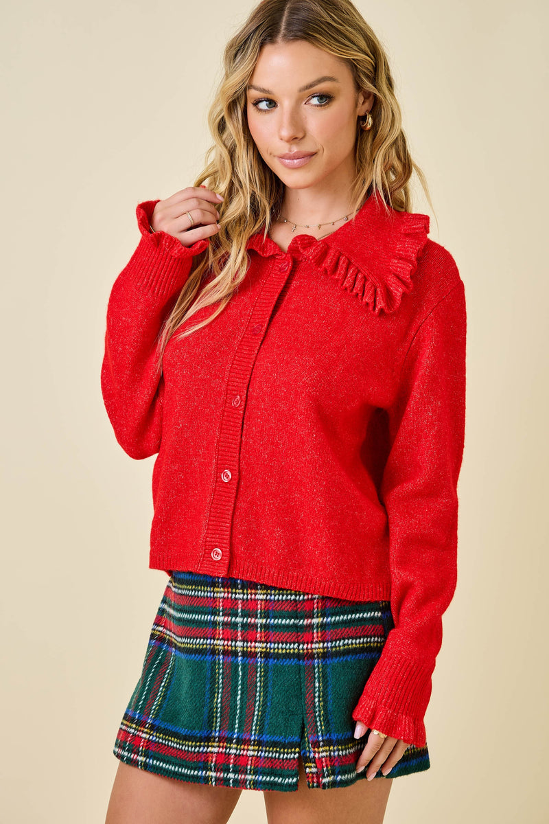 RUFFLE COLLAR CARDIGAN - RED