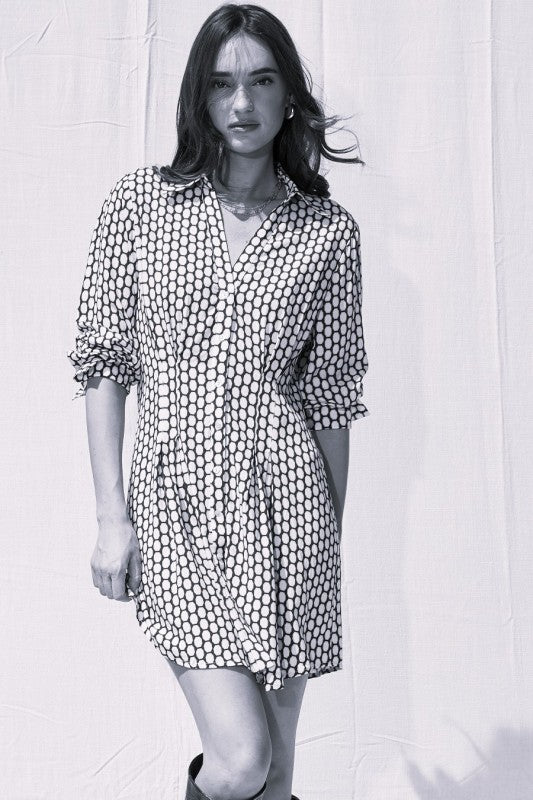 LONG SLEEVE SHIRT DRESS - BROWN/CREAM
