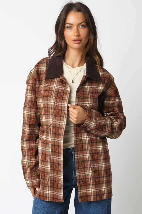 ALISA PLAID BUTTON JACKET - TAUPE