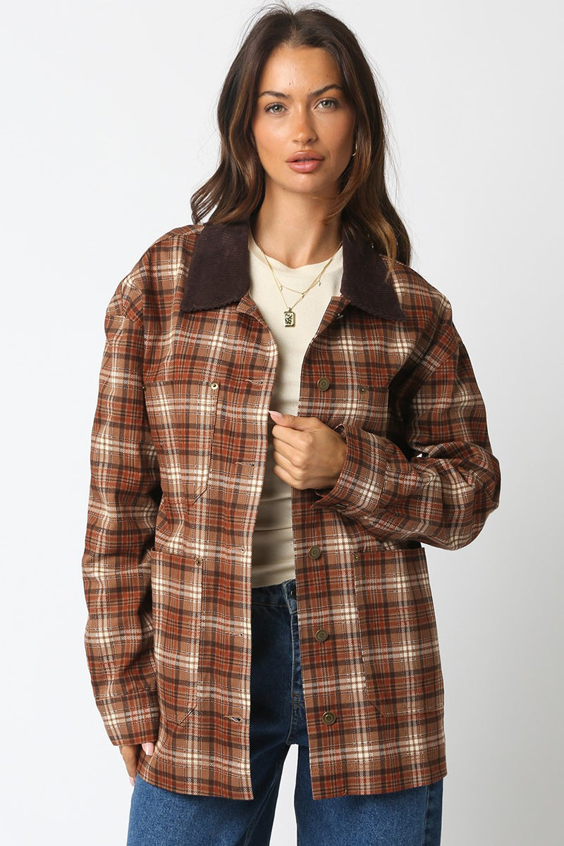 ALISA PLAID BUTTON JACKET - TAUPE