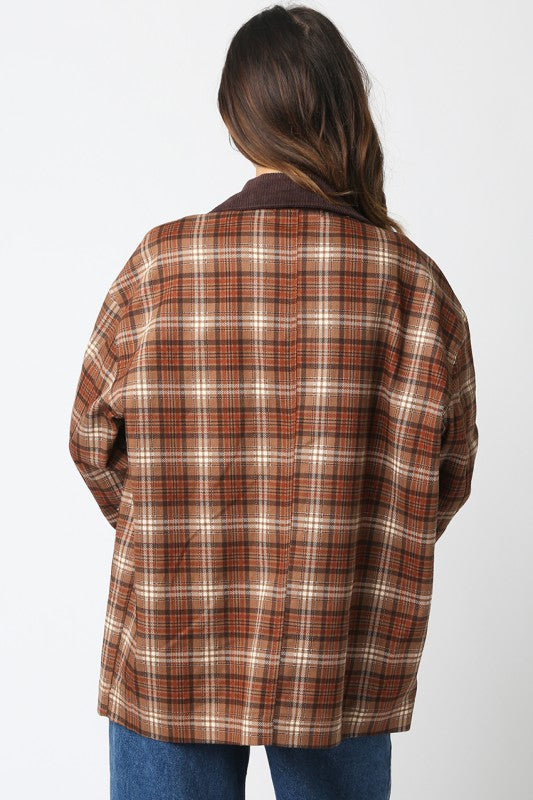 ALISA PLAID BUTTON JACKET - TAUPE