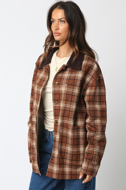 ALISA PLAID BUTTON JACKET - TAUPE