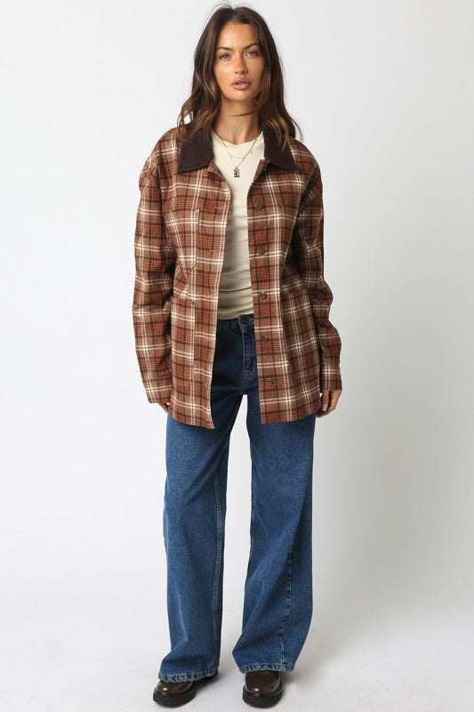 ALISA PLAID BUTTON JACKET - TAUPE