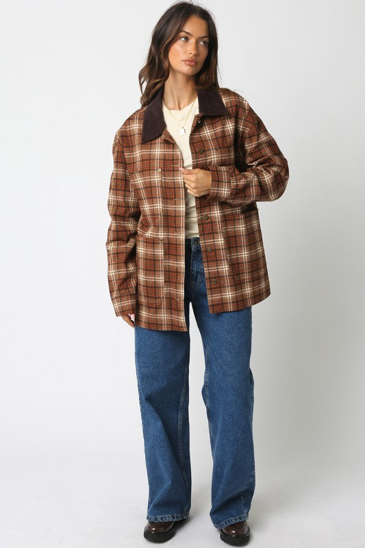 ALISA PLAID BUTTON JACKET - TAUPE
