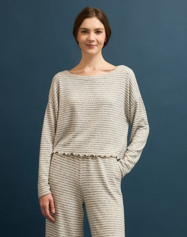 BRUSHED STRIPED LETTUCE HEM TOP - OAT/CHARCOAL