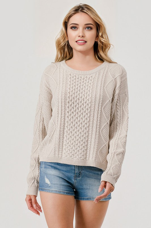 CABLE BRAID KNIT CROPPED SWEATER - BEIGE