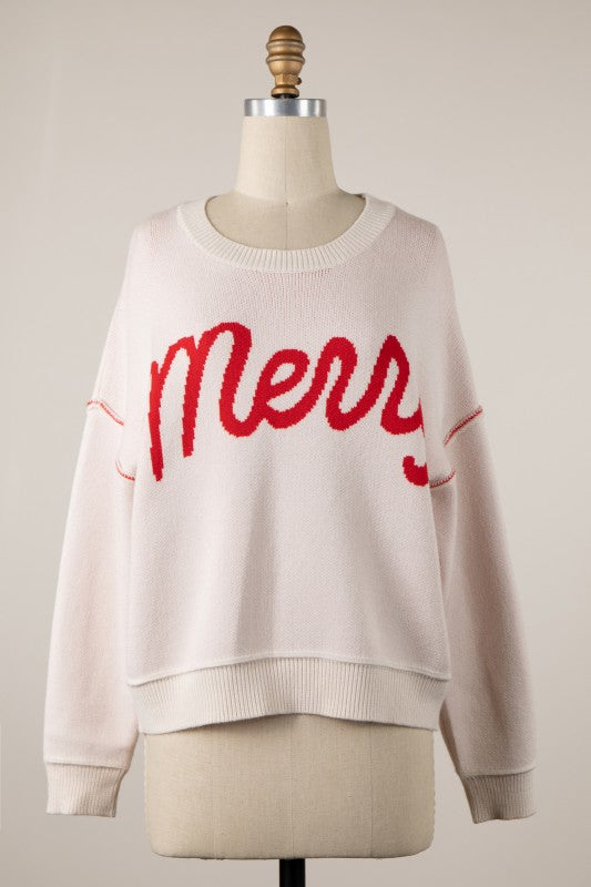 "MERRY" SAYING SWEATER - CREAM
