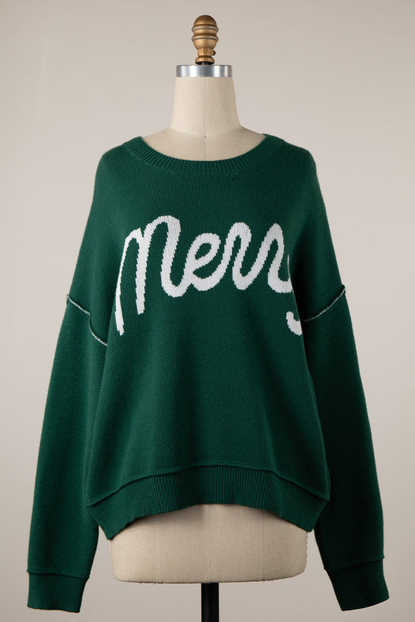 "MERRY" SAYING SWEATER - HUNTER GREEN