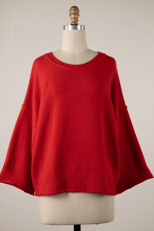 3/4 SLEEVE SWEATER TOP - RED