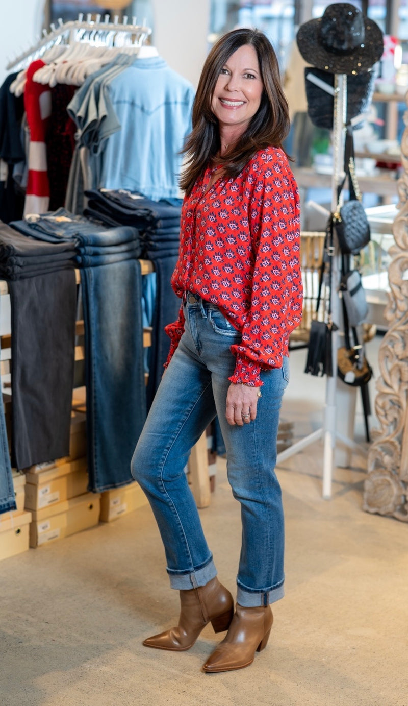 ABSTRACT PRINT TIE NECK BLOUSE - RED