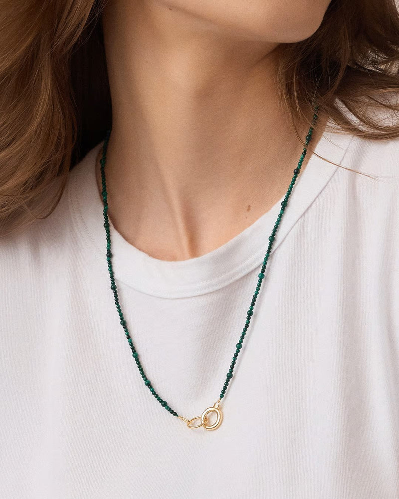 GORJANA POWER GEMSTONE LONG BEADED NECKLACE - 18K GOLD PLATED, MALACHITE/TRAVEL