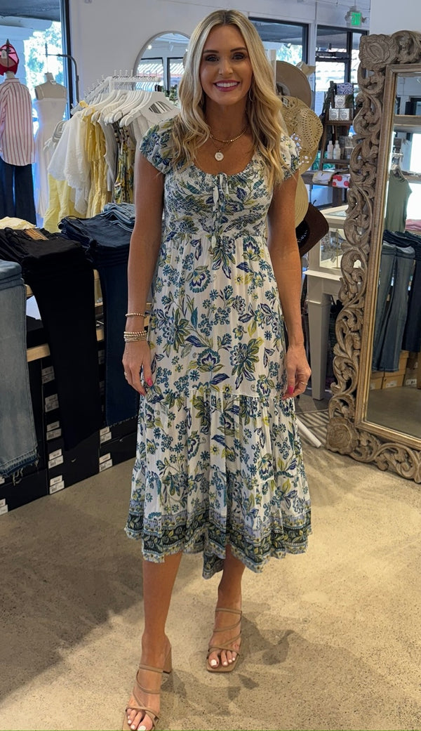 CROSS BACK MAXI DRESS - IVORY/BLUE