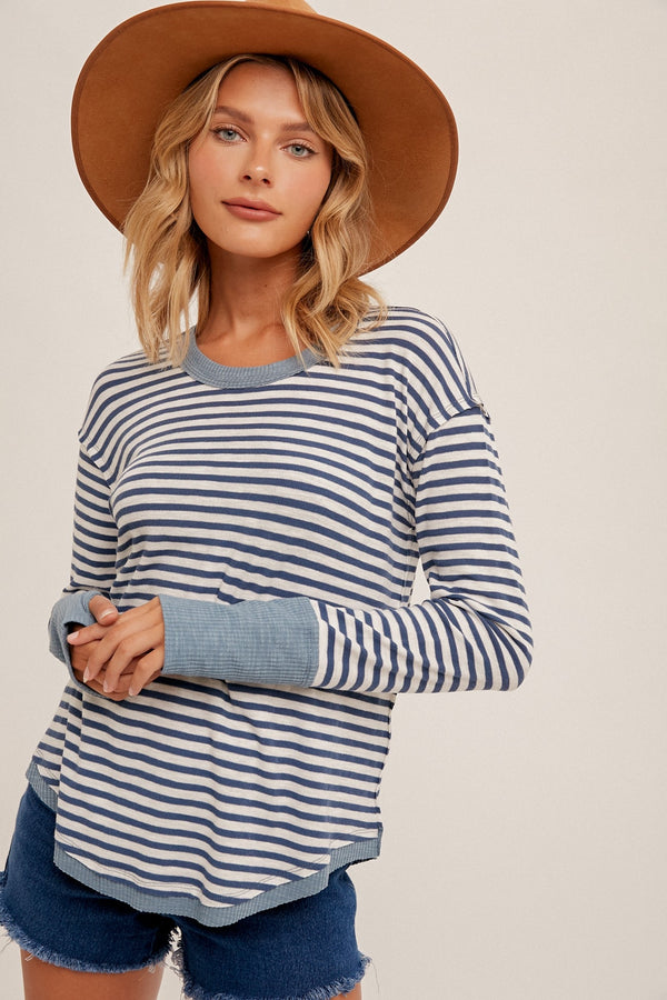 STRIPED COLOR BLOCK LONG SLEEVE TOP - POOL BLUE