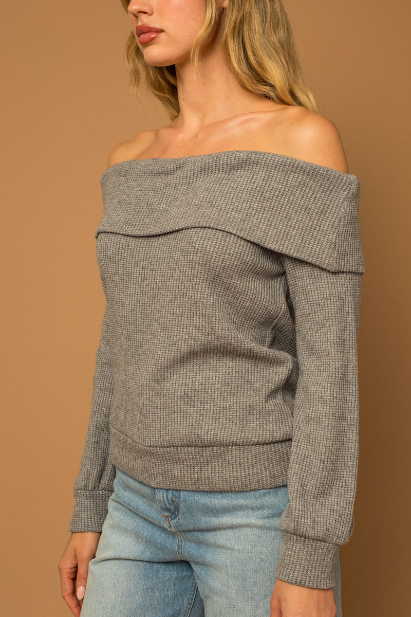 WAFFLE KNIT OFF THE SHOULDER  TOP - H GREY
