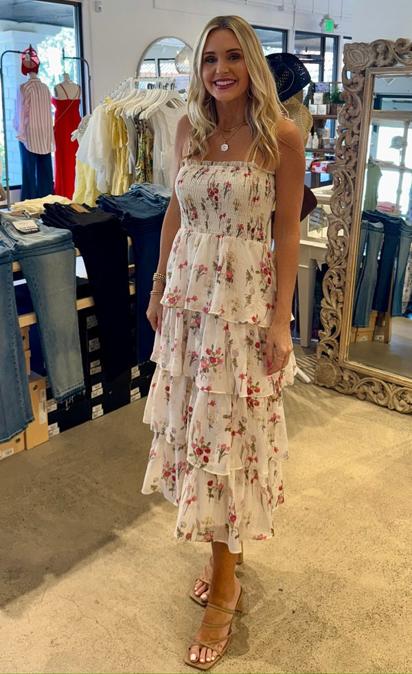 LUCY PARIS OLIVE FLORAL TIERED DRESS - IVORY FLORL