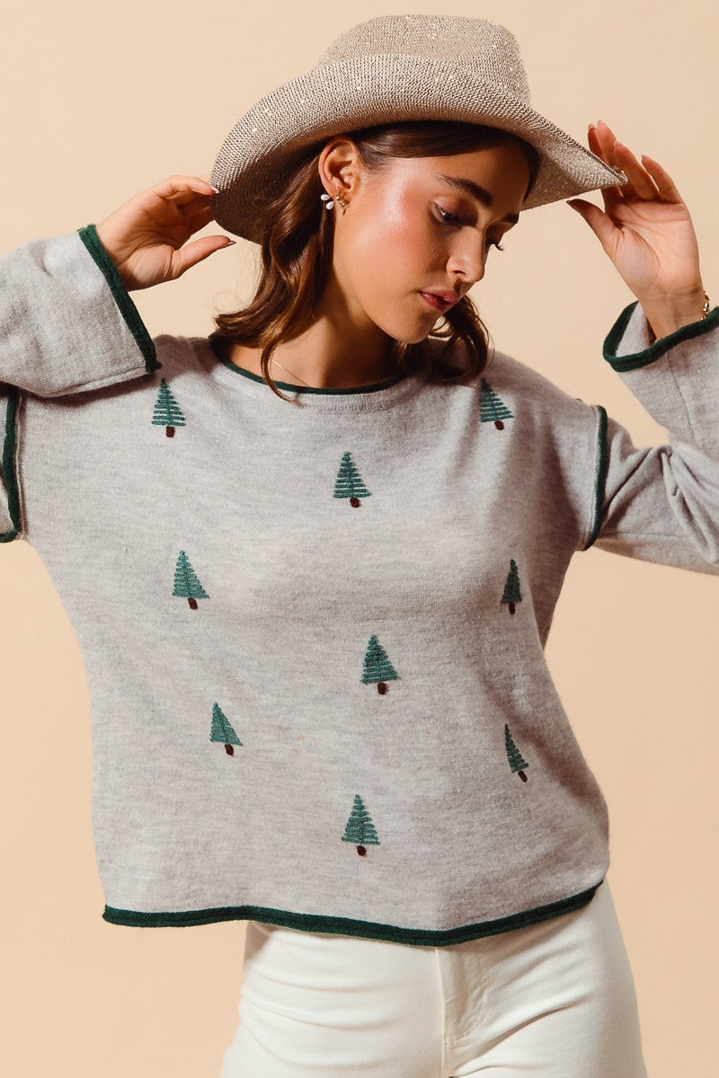 CHRISTMAS TREE EMBROIDERED SWEATER - HEATHER GREY