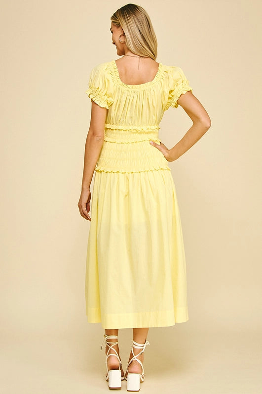SMOCKED MIDI DRESS - LEMON