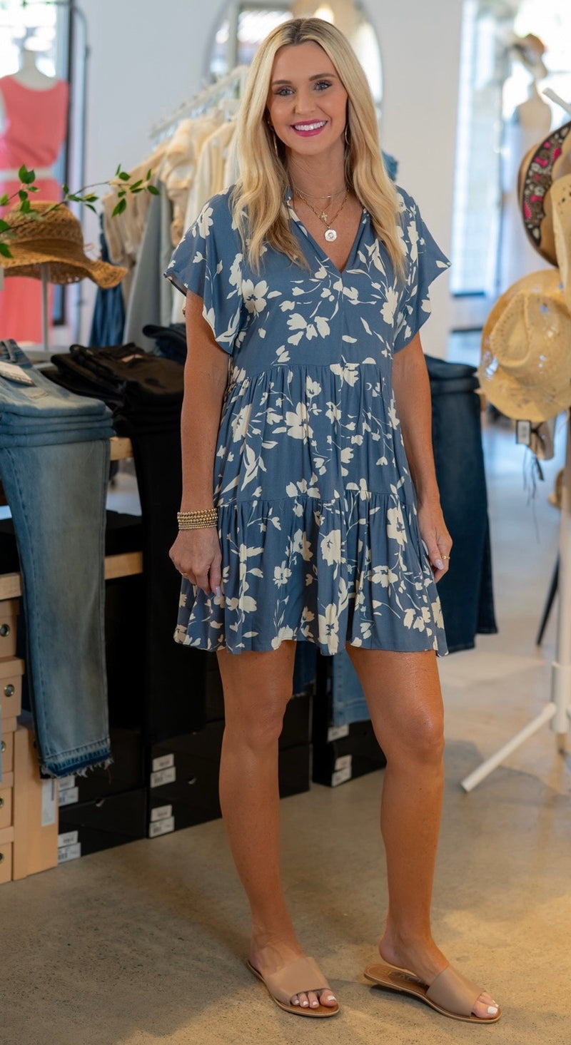 TIERED FLORAL MINI DRESS - DENIM BLUE