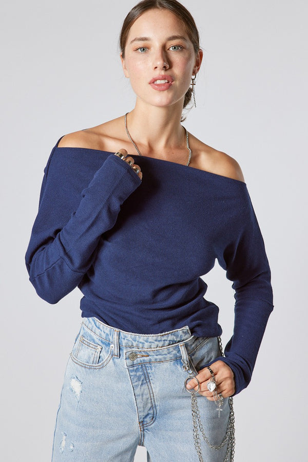 COWL NECK WAFFLE KNIT TOP - NAVY