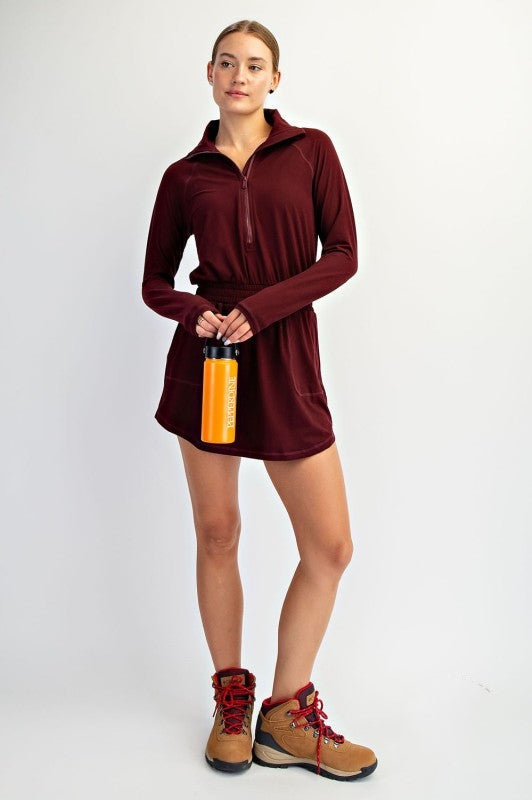 BUTTER QUARTER ZIP ROMPER/SKIRT - DARK CHERRY