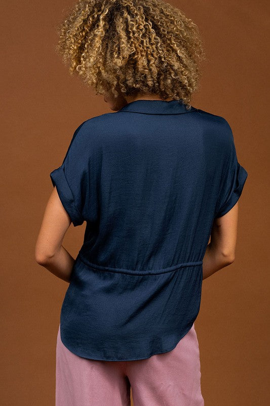 BUTTON FRONT BLOUSE WITH DRAWSTRING WAIST - PEACOCK