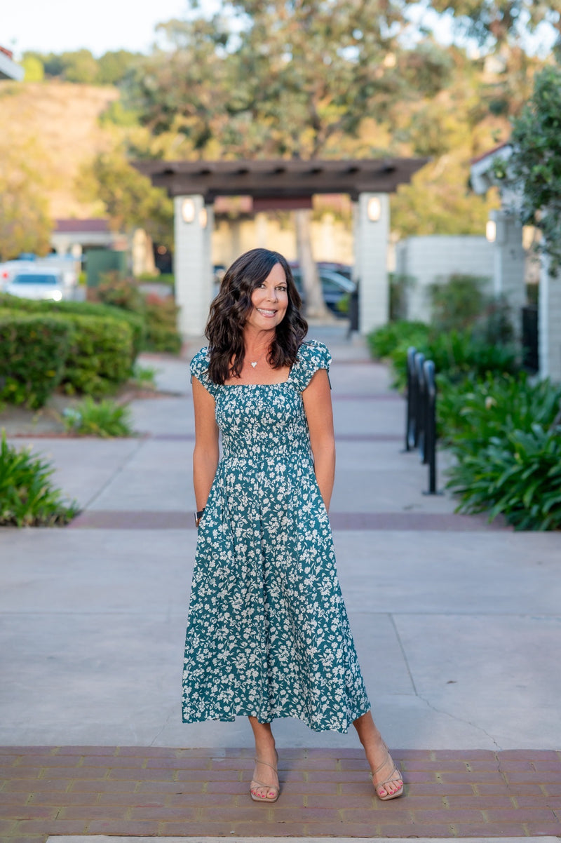 SMOCKED BODICE MIDI DRESS - TEAL