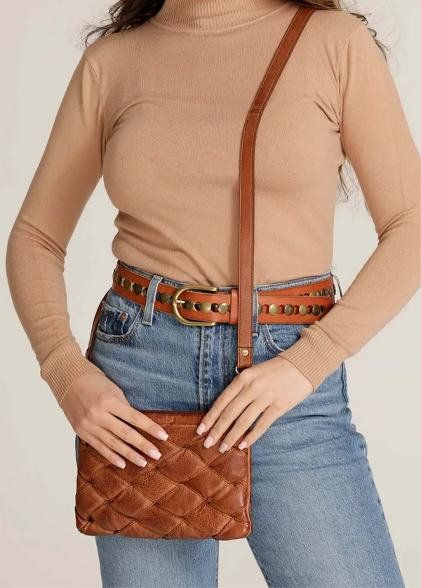 KELLEY WOVEN LEATHER CROSSBODY BAG - BROWN