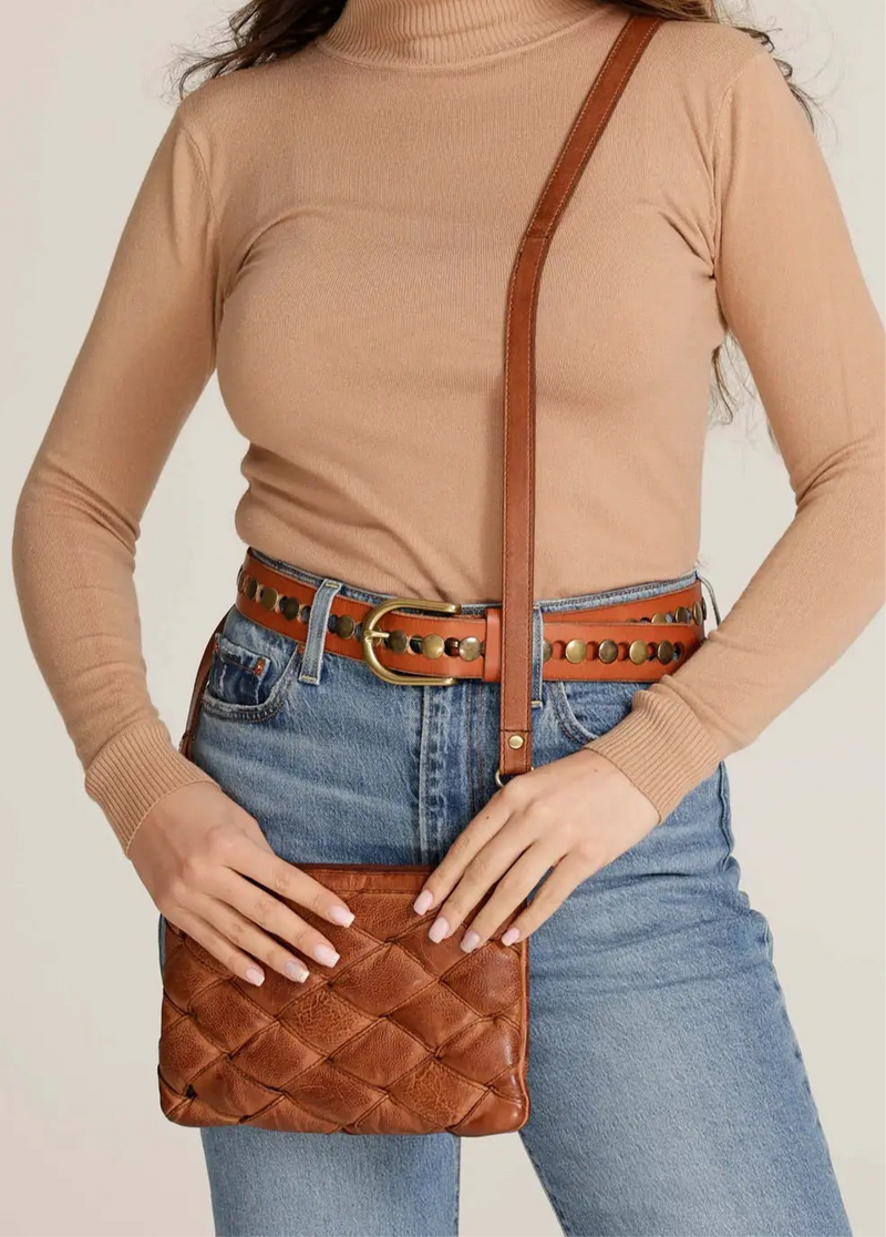 KELLEY WOVEN LEATHER CROSSBODY BAG - BROWN