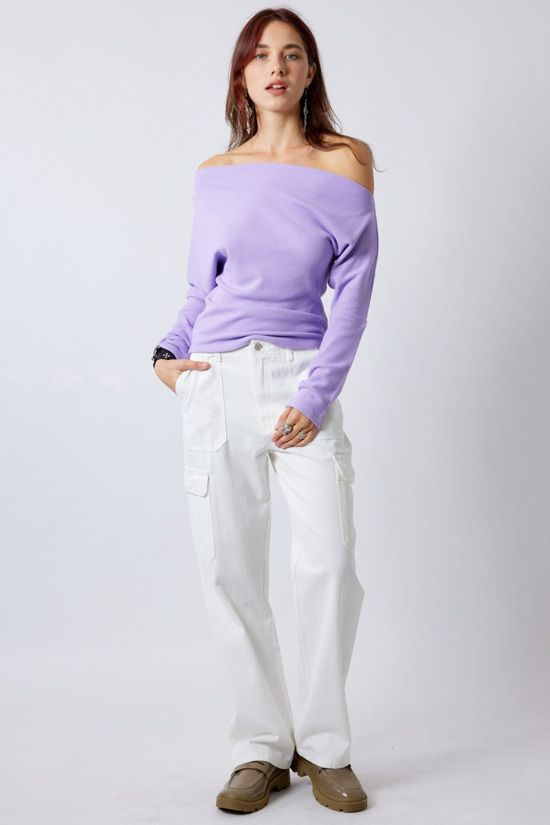 COWL NECK WAFFLE KNIT TOP - LAVENDER