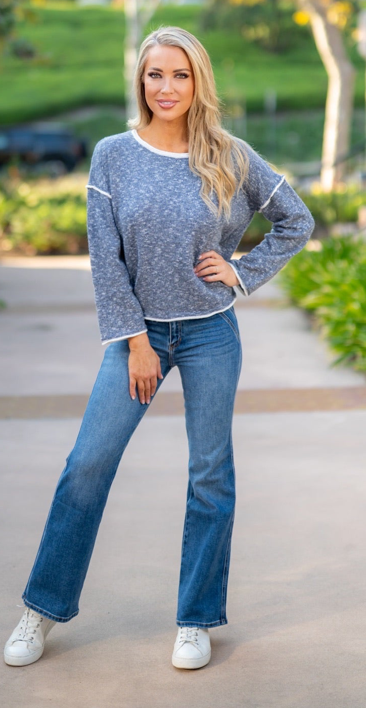TWO TONED BOAT NECK SWEATER - NAVY