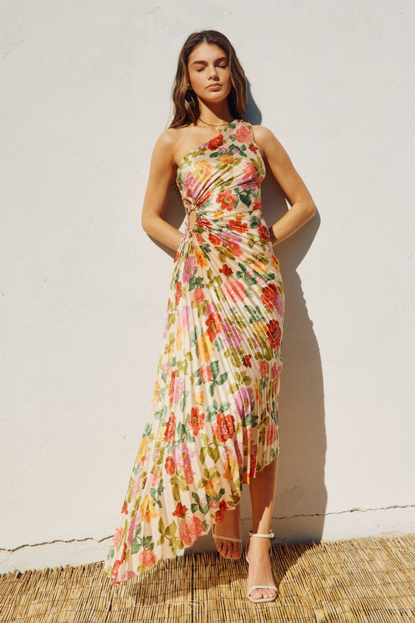ASYMMETRICAL PLEATED MAXI DRESS - ROMANTIC GARDEN