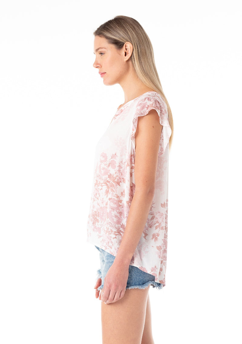 FLORAL PRINT FLUTTER SLEEVE TOP - IVORY/LIGHT RUST