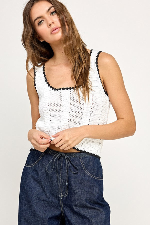 KNIT CROCHET TANK TOP - OFF WHITE/BLACK
