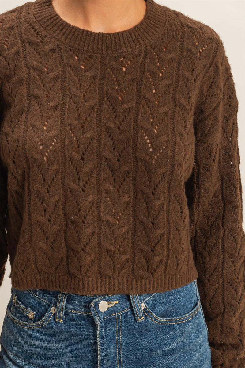 CROPPED OPEN KNIT SWEATER - CHESTNUT