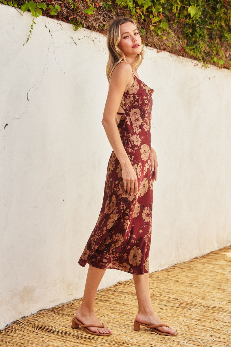 COWL NECK X BACK MIDI DRESS - BRONZED MERLOT