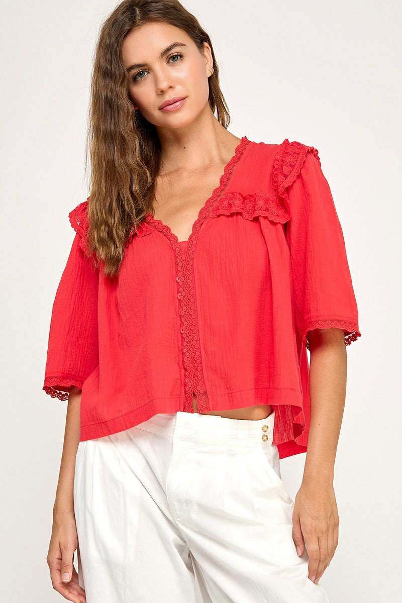 EMBROIDERED LACE TRIM BLOUSE - RED