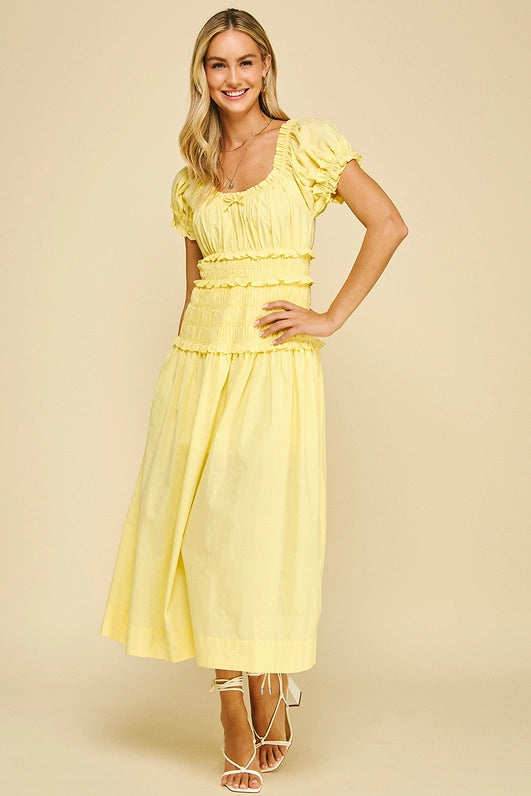 SMOCKED MIDI DRESS - LEMON
