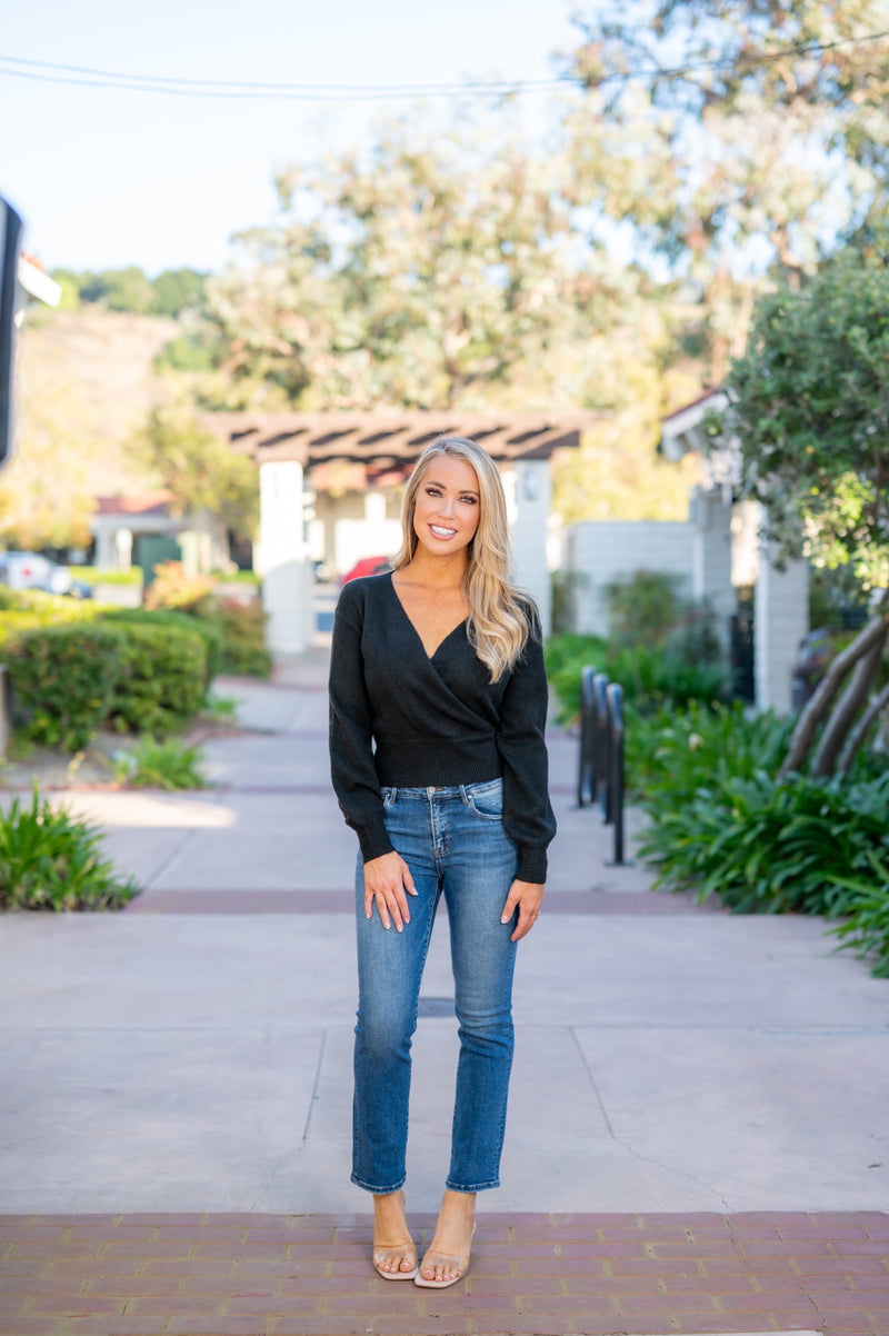 SURPLICE V-NECK SWEATER - BLACK