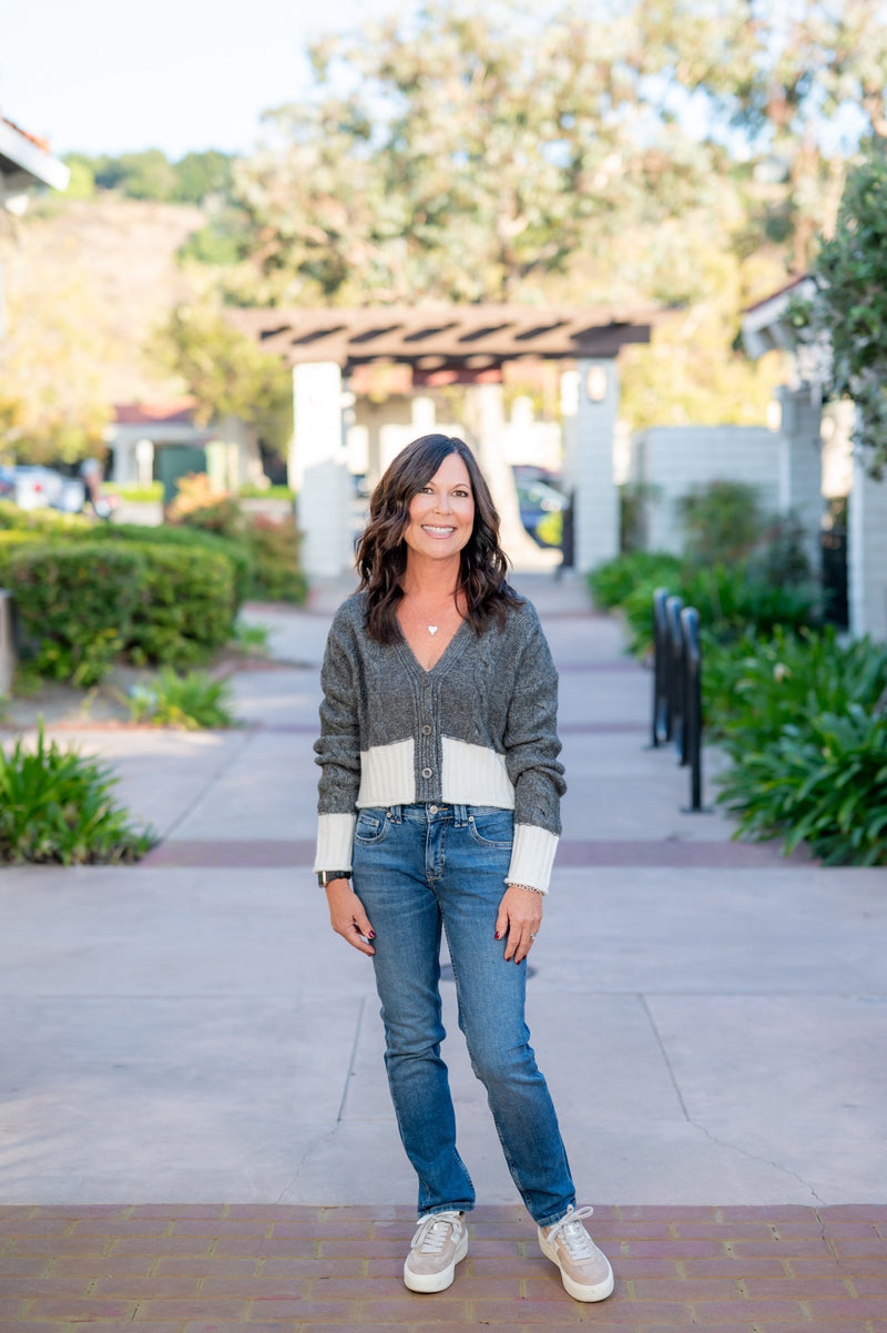 ELAN CARRIE SWEATER CARDIGAN - GREY WHITE COLOR BLOCK