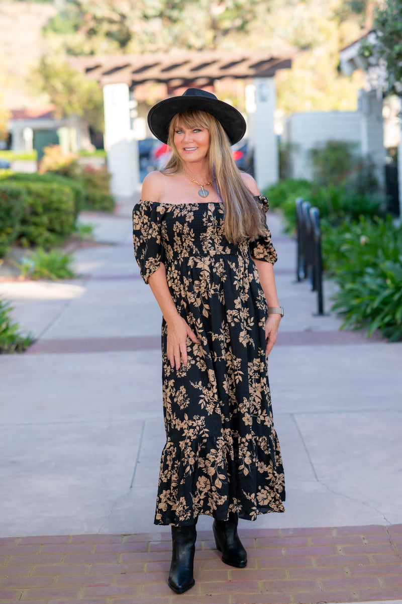SMOCKED BODICE SQUARE NECK MIDI DRESS - BLACK/MOCHA