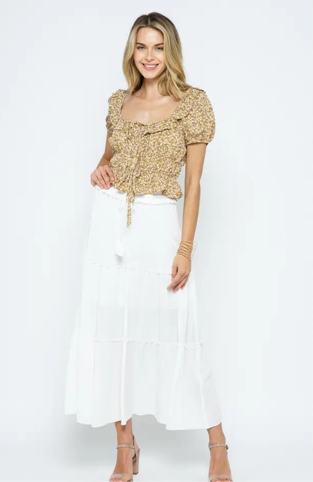 FLORAL RUFFLE SHIRRED TOP - MUSTARD