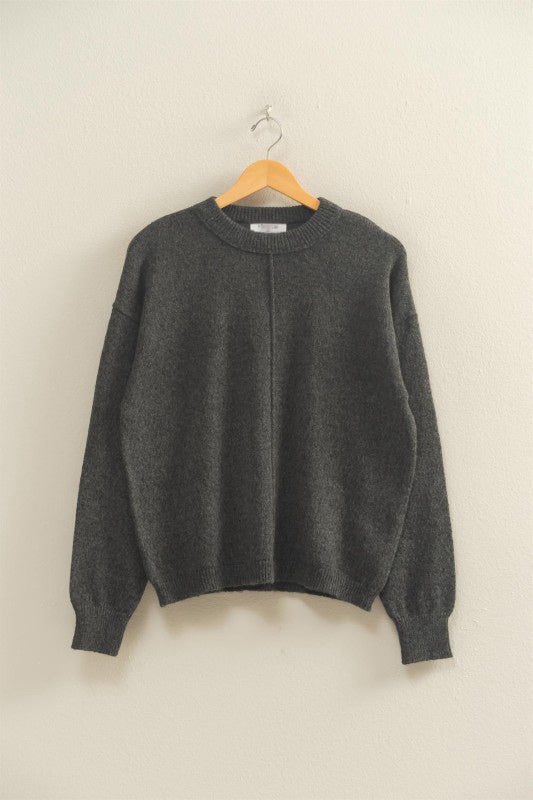 FRONT SEAM CREW NECK SWEATER - CHARCOAL