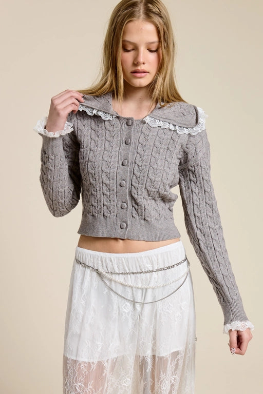LACE TRIM CABLE KNIT CARDIGAN - GREY