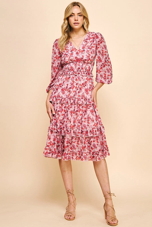 FLORAL PRINT TIERED MIDI DRESS - PINK MULTI