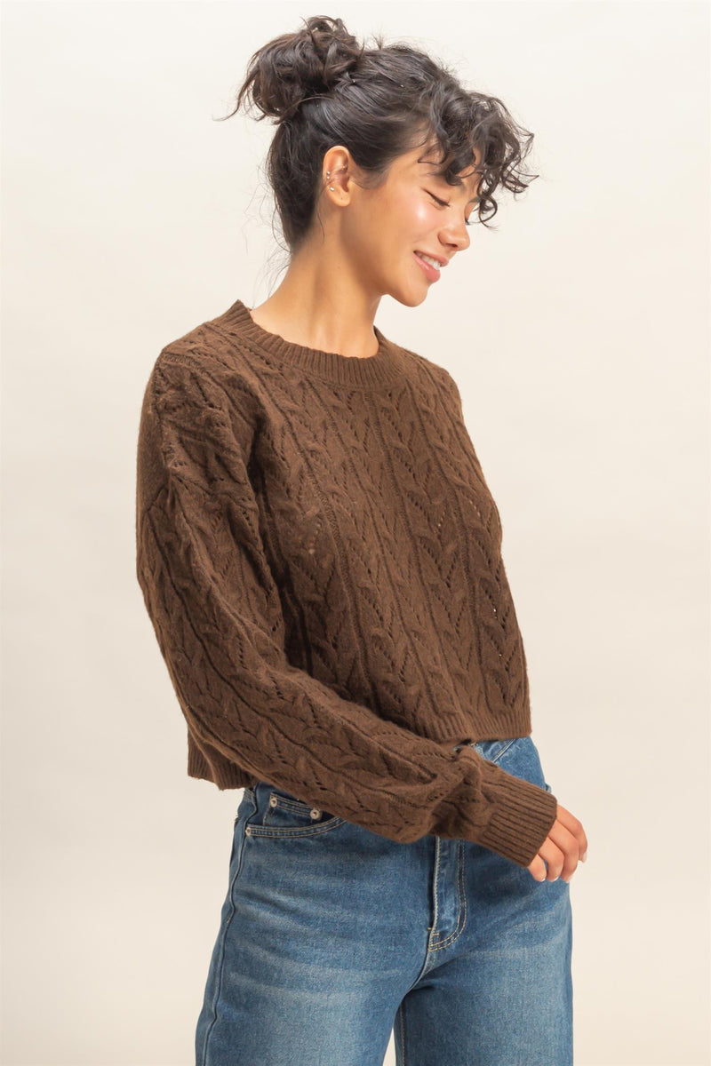 CROPPED OPEN KNIT SWEATER - CHESTNUT